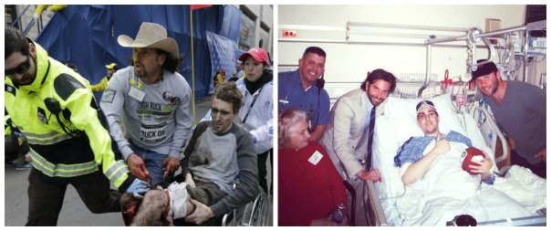 Jeff Bauman being taken to ambulance/ Receiving tons of support